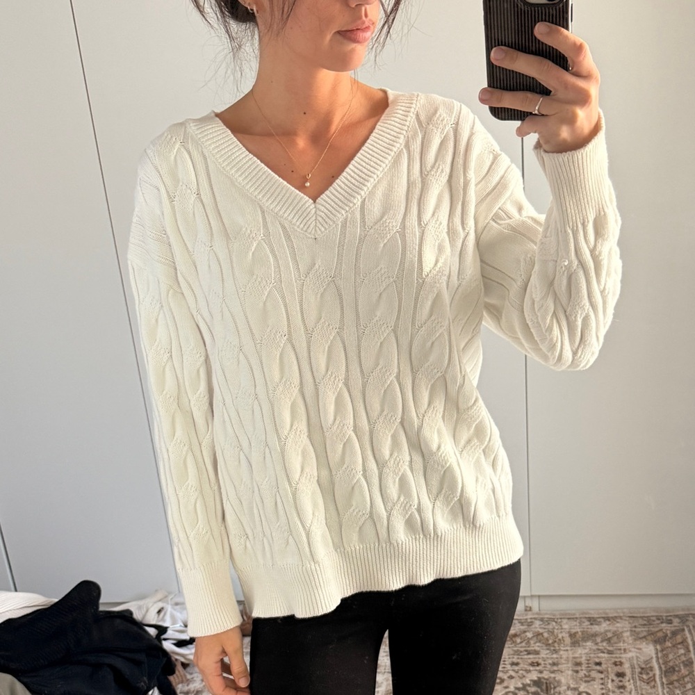 Cotton White VNeck Cable Knit Sweater